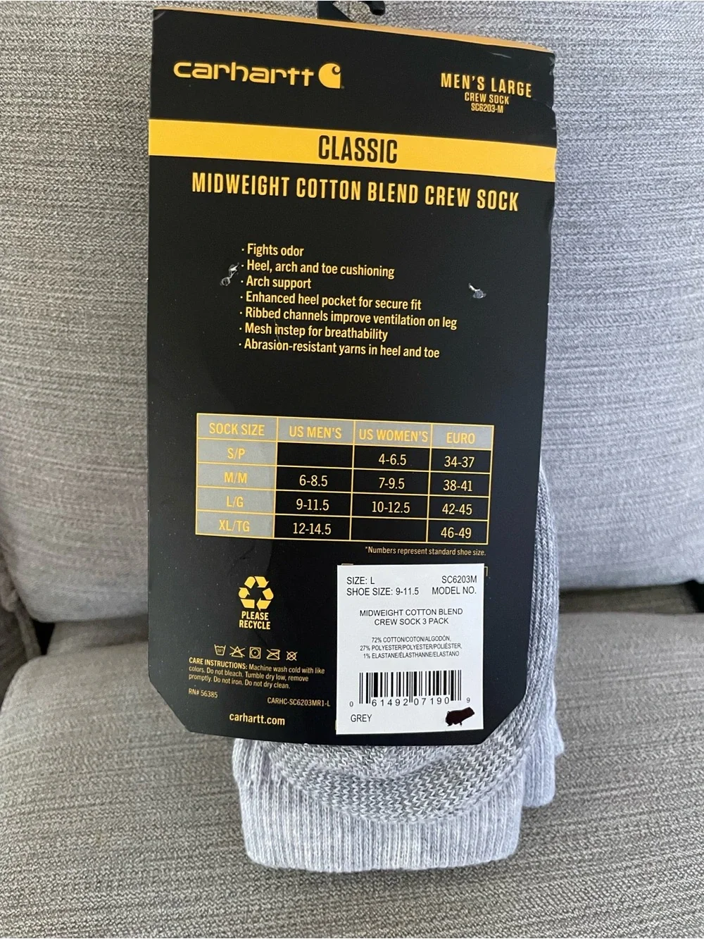 Carhartt Light Gray Midweight Cotton Blend Crew Socks (3-Pack) men’s Lg 9-11.5